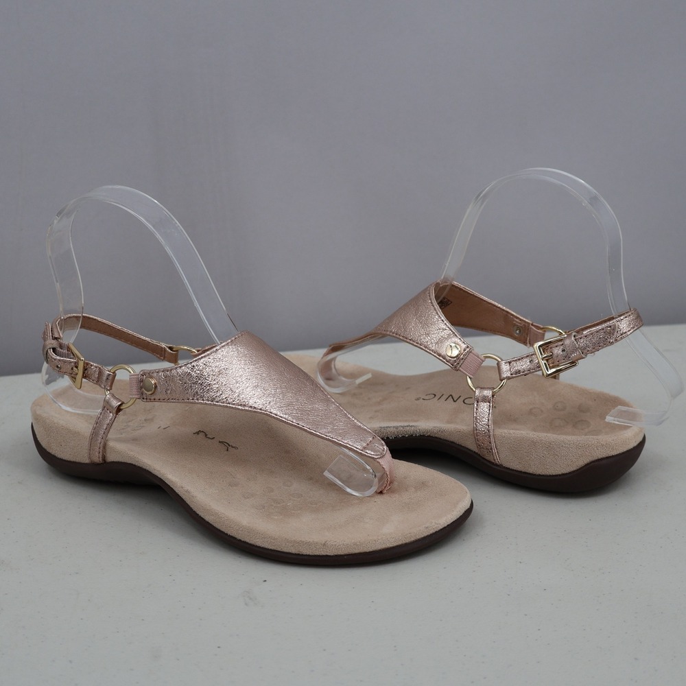 Vionic Kirra Sandal Womens 6 Rose Gold Metallic Leather Backstrap Travel Comfort